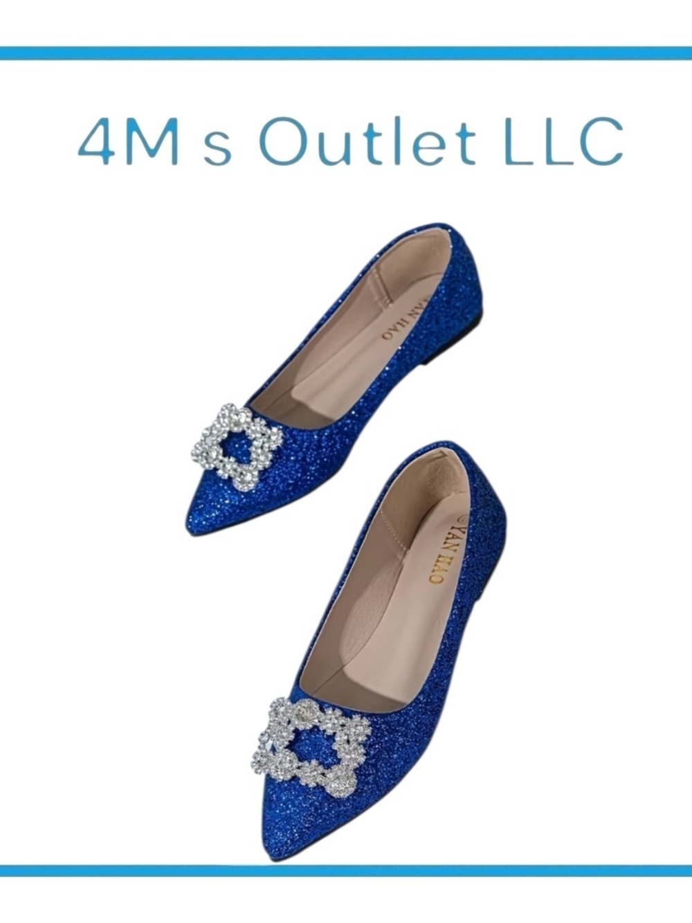 Yan Hao Glitter Pointed Toe Flats in Royal Blue with Crystal Buckle